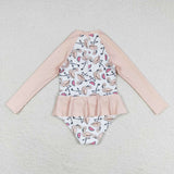 Long sleeves flamingo girls one pc summer swimsuit
