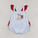 Sleeveless stripe embroidery dog flag baby girls 4th of July romper