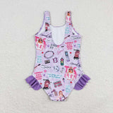 Purple sleeveless guitar smile one piece singer girls swimsuit