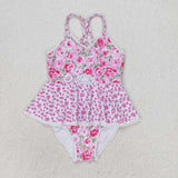 Pink floral girls one pc summer swimsuit