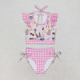 Plaid checked flutter sleeves singer girls swimsuit