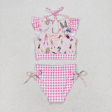 Plaid checked flutter sleeves singer girls swimsuit
