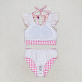 Plaid checked flutter sleeves singer girls swimsuit