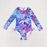 Long sleeves blue one piece girls summer swimsuit