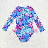 Long sleeves blue one piece girls summer swimsuit