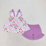 Straps floral tunic lavender shorts girls summer clothes
