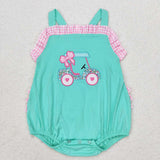 Embroidery Pink plaid floral golf baby girls ruffle romper