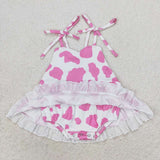 Pink cow straps baby girls summer romper