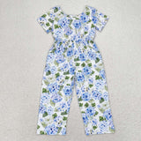 Short sleeves blue floral pocket kids girls jumpsuit