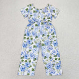Short sleeves blue floral pocket kids girls jumpsuit