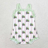 Pink stripe tractor baby girls farm romper