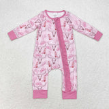 LR0689--long sleeve western skull cow  pink baby bamboo sleeper