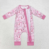 LR0689--long sleeve western skull cow  pink baby bamboo sleeper