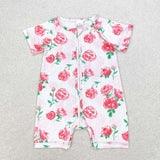 Short sleeves pink floral baby girls zipper sleeper