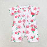 Short sleeves pink floral baby girls zipper sleeper