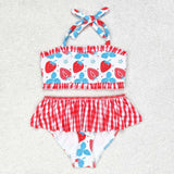 Strawberry plaid two pieces girls summer swimwear