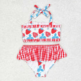 Strawberry plaid two pieces girls summer swimwear