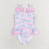 Pink bow shells one pc girls summer swimsuit