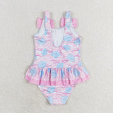 Pink bow shells one pc girls summer swimsuit