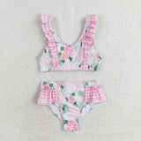 Pink plaid ruffle floral two pieces girls summer swimsuit