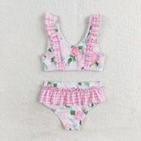Pink plaid ruffle floral two pieces girls summer swimsuit