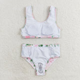 Pink plaid ruffle floral two pieces girls summer swimsuit