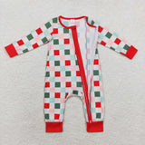 LR1197 Baby boys red green checked BAMBOO zipper romper