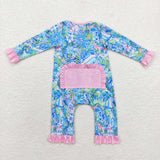 LR1339 Baby girls purple bamboo floral zipper romper
