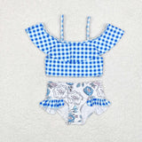 Blue plaid floral girls 2 pcs swimsuit
