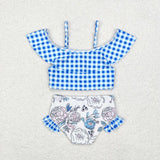Blue plaid floral girls 2 pcs swimsuit