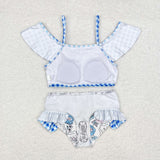 Blue plaid floral girls 2 pcs swimsuit