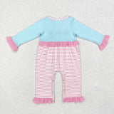 LR1476  long sleeves Christmas embroidery Santa blue pink striped romper