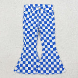 P0610  baby girl clothes blue gingham girl bell bottoms pant jeans