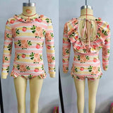 Long-sleeved floral peach one-piece swimsuit