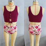 S0141--dark red floral leopard swim suit