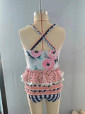 blue plaid flower swimsuit