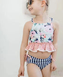 blue plaid flower swimsuit