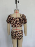 Short sleeves leopard 2 pcs girls summer swimsuit