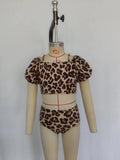 Short sleeves leopard 2 pcs girls summer swimsuit