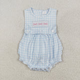 SR2203 Baby Girl blue embroidered plaid sleeveless bow romper