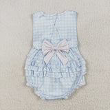 SR2203 Baby Girl blue embroidered plaid sleeveless bow romper