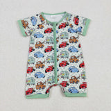 SR2373 Baby boys cartoon car green plaid zipper romper