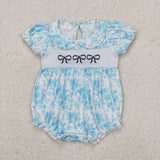 SR2784 Baby girls puff sleeve blue floral embroidered bow romper