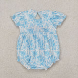 SR2784 Baby girls puff sleeve blue floral embroidered bow romper