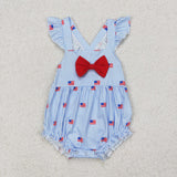 SR2921 Baby girls July Fourth flying sleeve red bow blue stripe romper