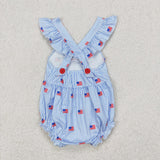 SR2921 Baby girls July Fourth flying sleeve red bow blue stripe romper