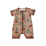 SR3155 baby girls short sleeve western ribbed zipper  romper
