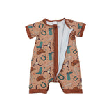 SR3155 baby girls short sleeve western ribbed zipper  romper