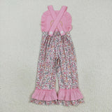 SR3176 baby girls Halloween embroidered pumpkin pink flower floral Jumpsuit