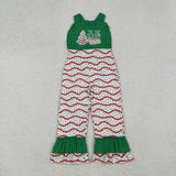 SR3178 baby girls Christmas embroidered pie tree green red wave Jumpsuit